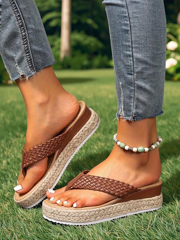 Women's Thick-Sole Rope Woven Slip-On Slide Sandals, Summer Outdoor Travel Beach Flip Flops, Brown Thong Platform Wedges