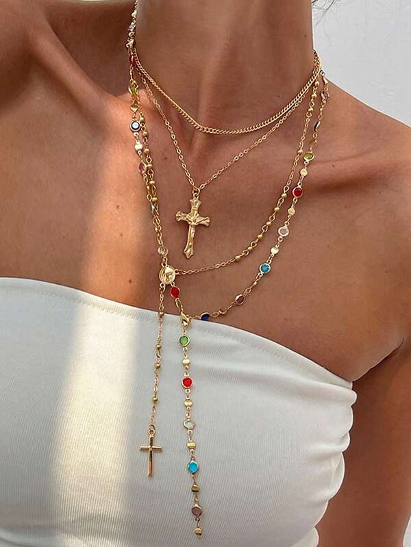 4-1pc Retro Elegant Fashion Hip-Hop Style Rhinestone Encrusted Colorful Cross Pendant Tassel Long Necklace Set, Unique And Layerable, Suitable For Women To Wear For Summer Vacation, Party, Formal Occasion, Date, Daily Commute