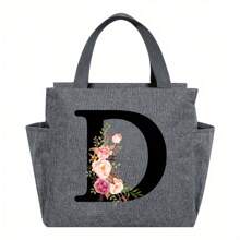 1pc Elegant Floral & Letter Tote Bag - Insulated Lunch Bag, Made Of Durable Polyester, Grey With Pink Flowers & Green Leaves, Suitable For Office, School And Outdoor Picnic