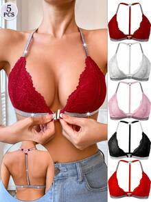 5-Piece Front Closure Push Up Bra, Floral Lace Comfortable And Soft Underwear, Elegant And Luxurious Romantic Bra, Upholstery Fashion Love Chain Leaky Back Tank Top, Quick-Drying Sports Bra - 彩色 - 查看 1