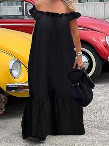 1件加大码纯色梭织面料荷叶边下摆休闲连衣裙，适合度假和所有季节，黑色夏季优雅款 - 黑色 - 查看 1