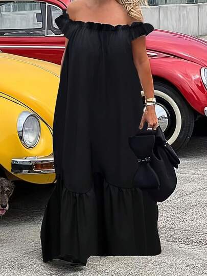 1pc Solid Color Woven Fabric Ruffle Hem Casual Dress, Suitable For Vacation All Seasons