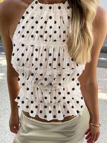 Women's Halter Tops Stylish Dot Print Ruffled Trim Backless Sleeveless Slim Fit Vest For Spring  Summer - White - View 3