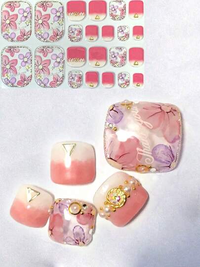 Pink Travel Outfit Summer Women's Manicure Accessories, 3D Faux Diamond Plant Floral Design Toe Nail Stickers, 22pcs Flower Toe Nail Art Decals