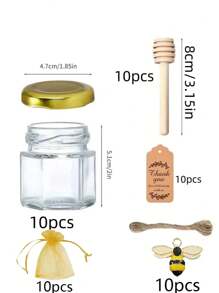 Set de 10 mini tarros de cristal hexagonales de 1.5 Oz de miel, equipados con cucharas de madera para salsa, tapa dorada, tarjeta de agradecimiento y yute, perfectos para baby showers, bodas, fiestas, regalos de boda y regalos de fiesta