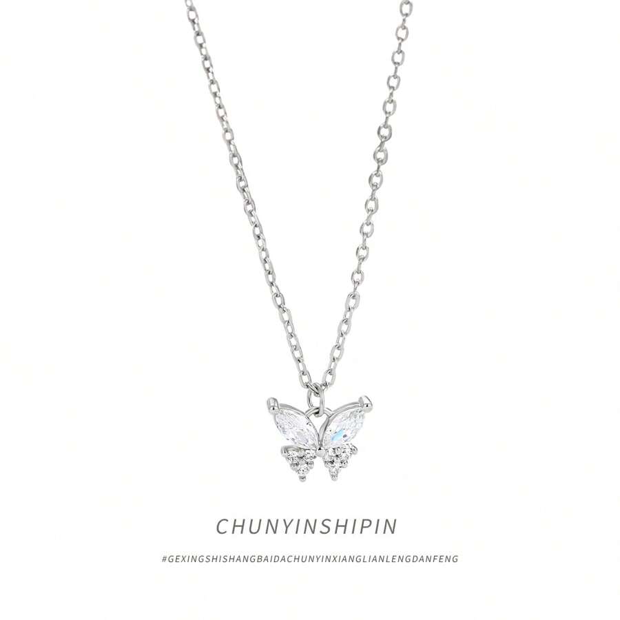 Collar de mariposa brillante de plata S925, cadena de clavícula de mariposa elegante y femenina, accesorio de moda