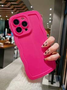 1 pieza Funda de teléfono a prueba de caídas con borde ondulado color rojo rosa sólido apta para 16 Pro Max, 11/12/13 Pro, 4 Plus, 15/15 Pro, 5 Pro Max, XR, 7/8 Plus