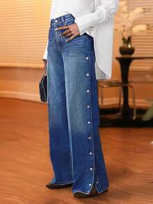Wide Leg Denim Jeans With Side Snap Buttons, High Rise, Classic Blue Wash - 藍色 - 查看 1