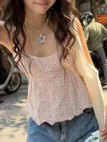 Women Fairy Grunge Y2k Shirts Square Neck Lace Patchwork Tops Vintage Goth Aesthetic Tank Tops - Hồng - Xem 2