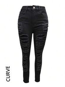 Plus Size Women's Tear Tight Jeans - High Stretch Jeans Suitable For Curvy Women, Tear Slim Fit Elastic Jeans Suitable For Women, Comfortable Boot Style Jeans - màu đen - Xem 6