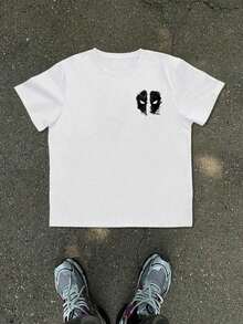 Men's Minimalist Black Deadpool Head Logo Graphic Round Neck Short Sleeve White T-Shirt, Summer - 白色 - 查看 7