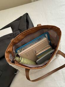 DAZY Túi đeo vai dệt phong cách Âu Mỹ cho nữ dung tích lớn đi làm, túi đeo chéo mùa hè, túi tote thời trang Colorblock cho bãi biển, mua sắm, đi chơi bình thường - màu nâu - Xem 7