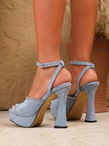 French Elegant Summer Navy Suede Square Toe Platform Wedge High Heel Sandals With Crystal Rhinestone Embellished Ankle Strap, 12cm High Heel, Sexy And Slimming, Suitable For Dating, Party, Beach And Versatile Occasions