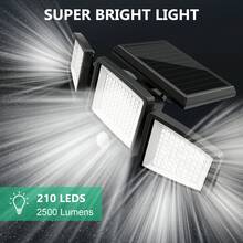 2 Packs  Solar Outdoor Lights 2500LM 210 LED Security Lights With Remote Control, IP65 Waterproof,3 Heads Motion Sensor Lights,270° Wide Angle Flood Wall Lights With 3 Modes,For Patio Garage Yard Entryways - 2 CÁI - Xem 7