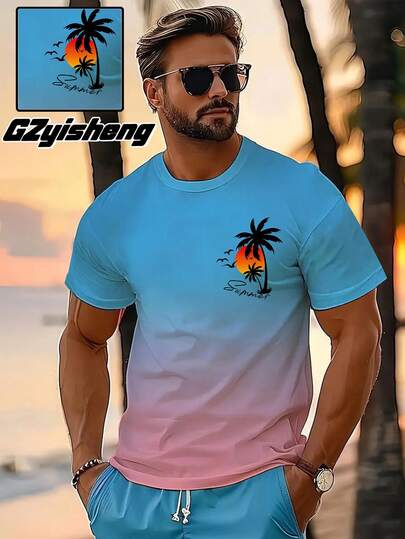 Fashionable, Soft, Breathable & Loose Ombre Blue Gradient Digital Print Beach Holiday T-Shirt, Spring/Summer