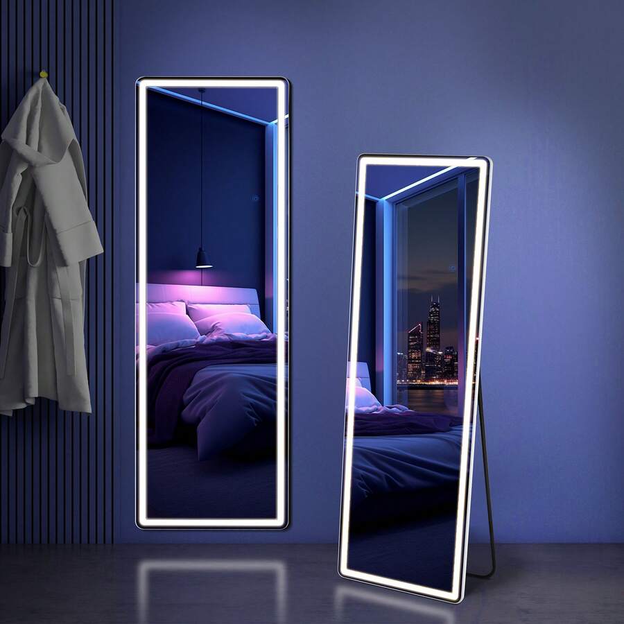 Sweetcrispy 64"X 21" Full Length Mirror With LED Lights Full Body Floor W/Dimming 3 Color Lighting Mirrors Lighted Standing Hanging Tall With Stand Aluminum Thin Frame For Living Room, Home