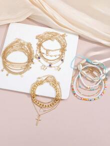 3/6/22pcs Boho Chic Cross, Butterfly, Heart, Shell, Fish Tail, Devil's Eye, Beaded Anklet Set For Women, Summer Beach/Party/Daily Wear