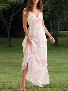 Summer Dresses For Women Boho Floral Maxi Dress Deep V Neck Spaghetti Strap Backless A-Line Layered Ruffled Long Dress Lace Patchwork Backless Flowy Dresses Beach Vacation Clothes Dress Sundress - 粉色 - 查看 1