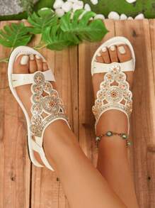 女士串珠平底凉鞋，舒适波西米亚风格复古凉鞋，百搭奢华性感凉鞋，适合晚会、户外、沙滩和休闲穿着 - 米色 - 查看 2