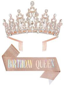 2pcs/Set Baroque Style Rhinestone Zinc Alloy Birthday Crown + Sash Suit, Suitable For Birthday Party, Birthday Queen Tiara Headpiece + Shoulder Strap Accessory