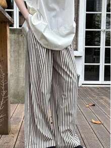春夏优雅休闲条纹印花宽松阔腿裤，侧边口袋设计，适合旅行度假，黑色 - 黑色 - 查看 2