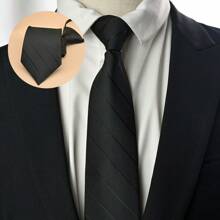 3 Peças/Conjunto Gravata Formal Preta com Listras Diagonais e Zíper, Conjunto de Gravatas para Negócios