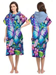 1pc Butterfly & Floral Pattern Hooded Cloak Robe, Lightweight Wearable Beach Towel For Surfing, Swimming, Bathing, Outdoor Sports, Adult Hooded Towel Robe Back To School - Multicolor - View 17