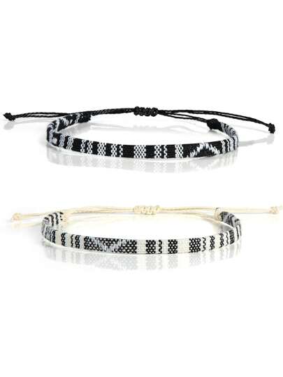 2 piezas de Brazalete bohemio tejido a mano para surf, brazalete de playa impermeable ajustable para niños, negro y blanco