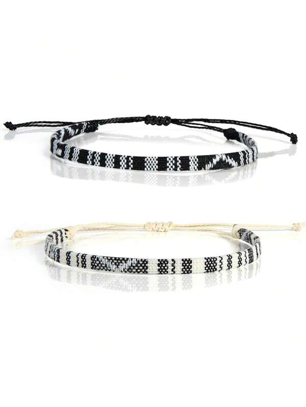 2pcs Handmade Woven Bohemian Surfing Bracelet, Waterproof Beach Bracelet Adjustable For Boys, Black & White