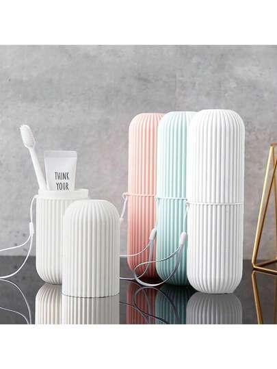 1pc (Approx. 19.5cm Long) Travel Toothbrush Case Set, Vertical Striped Rinse Cup With Lid, Portable Travel Toothbrush Holder, Toothpaste And Toothbrush Storage Cup Back To School