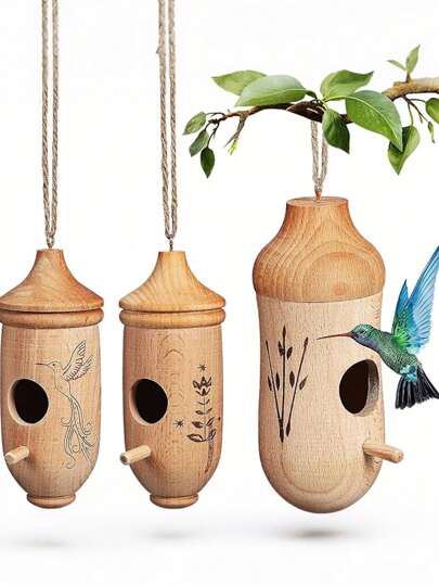 Hummingbird House Wooden Outdoor Birdhouse Hanging Hummingbird Birdhouse With Rope For Outdoor Gardening Gifts-Hummingbird House