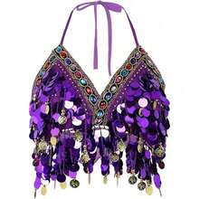 Women Glitter Sequins Circle Tassels Halter Neck Padded Belly Dance Crop Top
