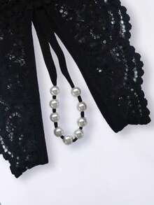 Women's Black Sexy Semi-Sheer Lace Open Crotch G-String Panty, Faux Pearls Chain Lingerie For Going Out - Black - View 5