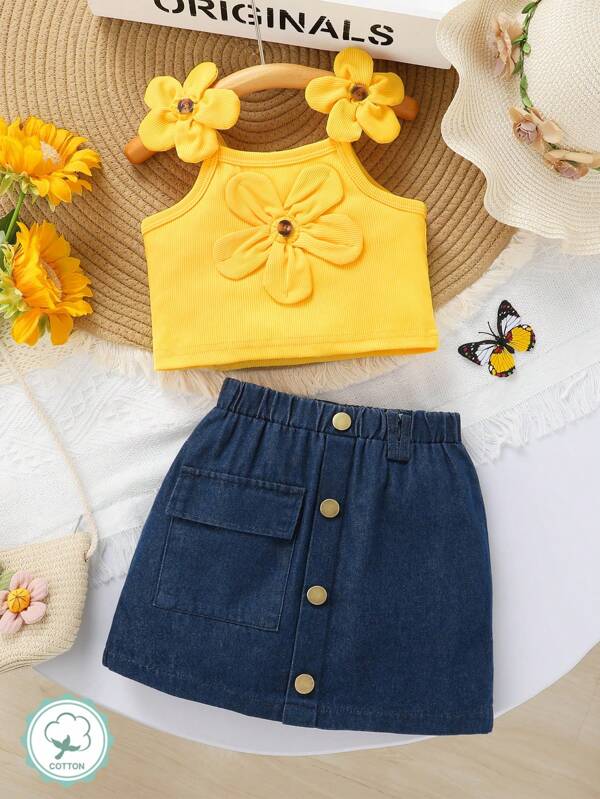 2 Pieces Set Girls Elegant Fashion Cute Girl Denim Dress Outfit, Soft, Breathable, Comfortable, 3D Floral Decor Solid Color Camisole Top And Cargo Denim Shorts Set, Suitable For Holiday, Party, Casual And Daily Wear
