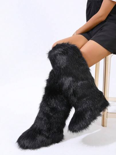 Women's Faux Fur Boot Furry Fluffy Round Toe Suede Winter Comfy Plush Warm Short Outdoor Indoor Flat Shoes Knee-High Boots
