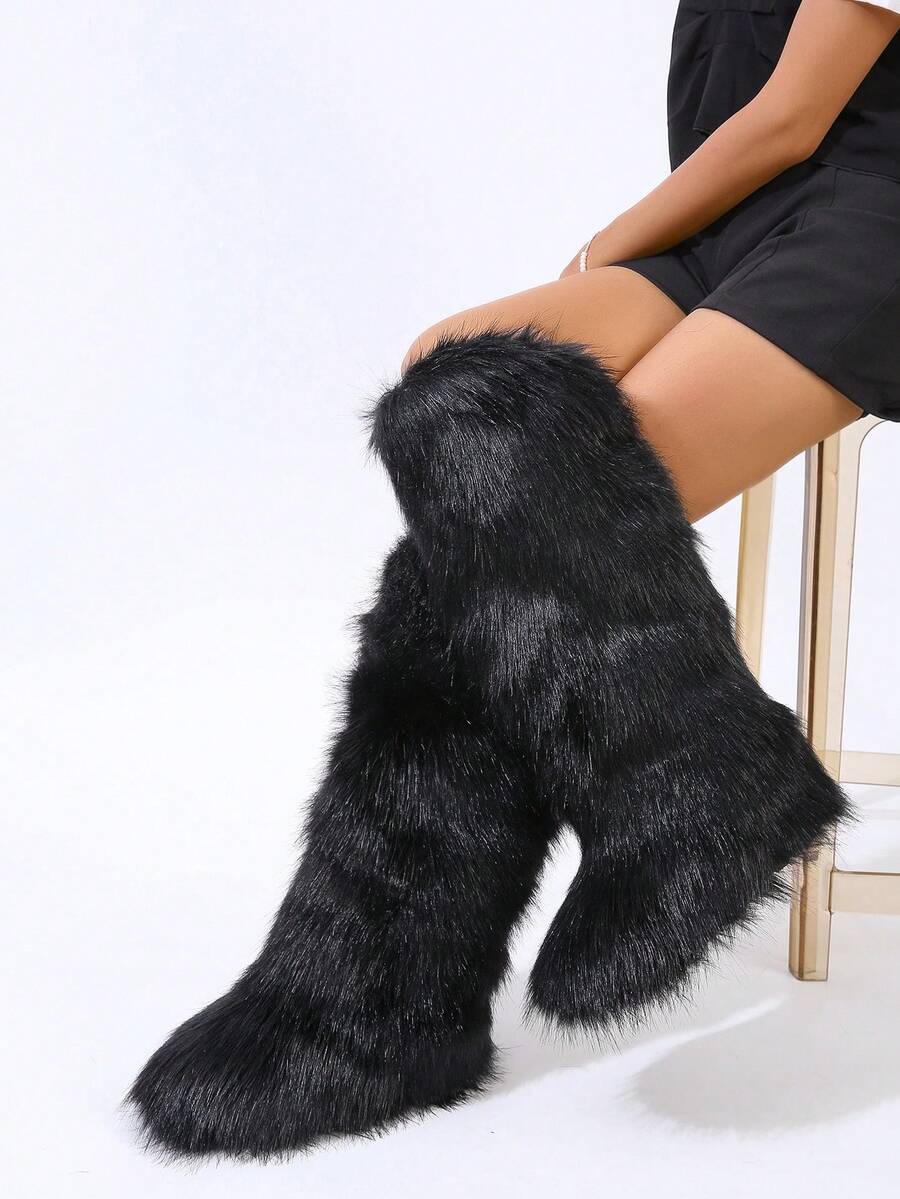 Women's Faux Fur Boot Furry Fluffy Round Toe Suede Winter Comfy Plush Warm Short Outdoor Indoor Flat Shoes Knee-High Boots
