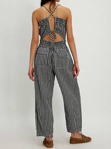 Women's Casual Plaid Gingham Wide Leg Jumpsuits Spaghetti Straps Long Smocked Overalls Rompers Summer Y2K Baggy Sleeveless Long Romper - 黑色 - 查看 2