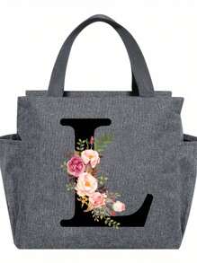 1pc Elegant Floral & Letter Tote Bag - Insulated Lunch Bag, Made Of Durable Polyester, Grey With Pink Flowers & Green Leaves, Suitable For Office, School And Outdoor Picnic