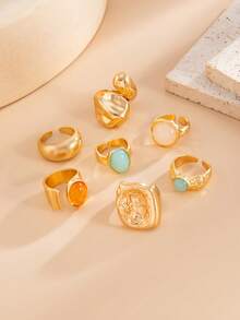 5pcs/Set Retro European Style Luxury Rhinestone Inlaid Rings, Asymmetrical Thick Metal Gold Color Ring Set, Women's Decoration Jewelry Suit For Daily Party And Banquet - Yellow Gold - View 8