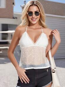 Women Tank Tops Sequins V-Neck Tie-Up Halter Neck Casual Vests Summer Sleeveless Tops Streetwear - trắng - Xem 10