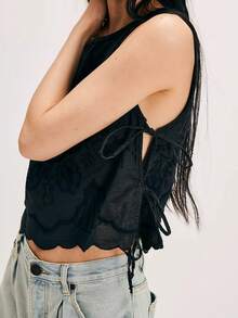 Women's Y2K Embroidery Flower Crop Tank Tops Sleeveless Square Neck Tie Up Side Shirt Summer Casual Going Out Tops Streetwear - màu đen - Xem 2