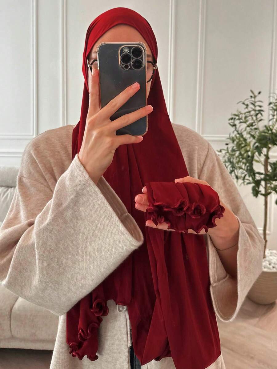 1pc Women's Casual Solid Color Soft Modal Headscarf With Ruched Edge, Arabian Conservative Solid Color Long Scarf Suitable For Daily Use For Dress - Burgundy - View 1