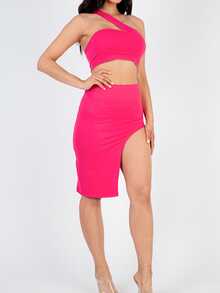 2pcs Solid Color One Shoulder Crop Top And Side Split Thigh Midi Skirt Sets For Women, 2 Pieces Summer Outfits Sets, Casual, Sexy - Innuendo - View 3