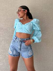 The Lemon 9044# Women's Denim Shorts Natural Youth Denim Shorts Women's Shorts - 中等水洗藍 - 查看 3