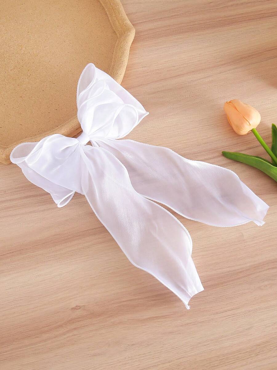 1个白色欧根纱超大蝴蝶结波浪丝带弹簧发夹，优雅温柔的春季发饰，爪夹，发夹，发卡，发爪，学生用品，大学，蝴蝶结，可爱，优雅，冬季女装，发饰，头部饰品，女士发饰，发夹