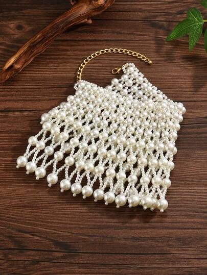 1pc Luxurious Handmade Pearl Beaded Necklace, Heavy Workmanship Arabic Bride Wedding Dress Accessory Shawl