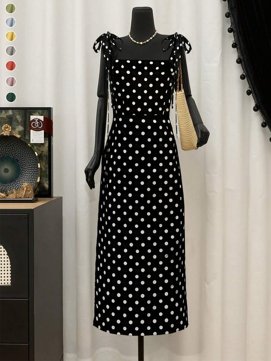 女式复古优雅波尔卡圆点拼色荷叶边下摆系带蝴蝶结中长连衣裙，优雅复古梭织面料，适合户外、晚间约会、花园夏季