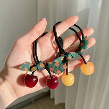 3 pièces Attache cheveux en forme de cerise pour femmes - Rouge vibrant avec ruban à pois verts, plastique durable, polyvalent pour toutes les saisons, cadeau idéal pour la Saint-Valentin