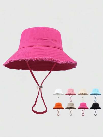 1pc Women's Drawstring Frayed Brim Bucket Hat, Soft Fabric, Windproof Sunscreen, Outdoor Fashion Gift