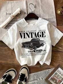 Teen Girl Clothes Vintage Retro Car Graphic T-Shirt, 100% Cotton Breathable Summer Tops, Loose Fit Round Neck Tee, Teen Shirts Girls Clothes Retro Casual Outfits - 白色 - 查看 1